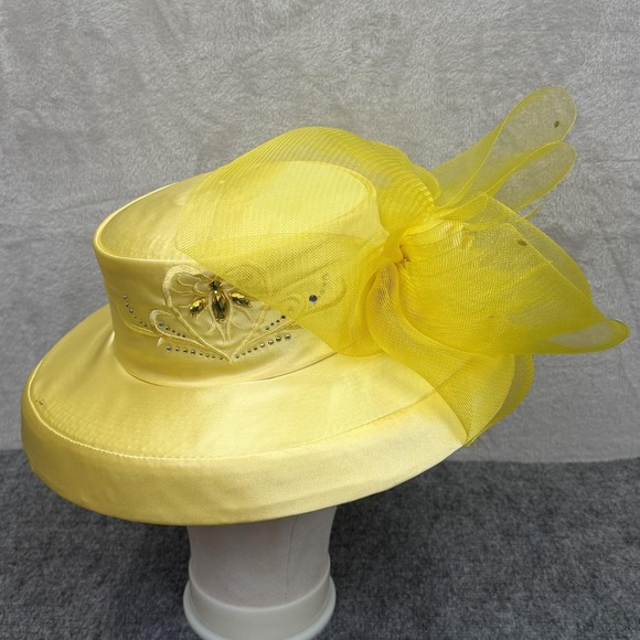 Elite Champagne Hat Sun Womens Blue Green Satin Wide Brim Bow Derby Church NWOT VINTAGE Elite CHAMPAGNE Hat Womens Pink Wide Brim Satin Bow  main image 4
